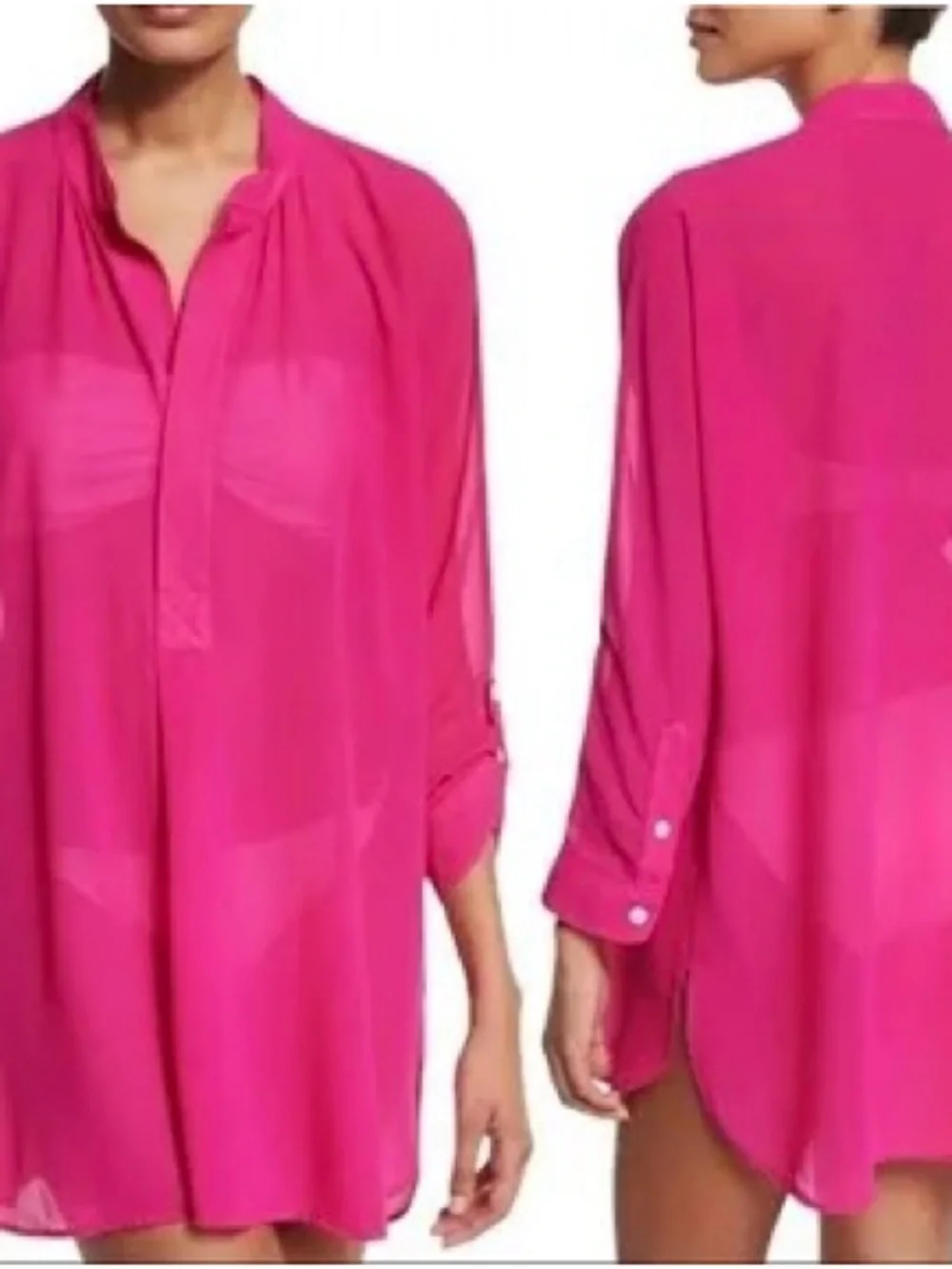 Tommy Bahama Mandarin Collar Tunic- Sheer Bright Pink Swim Cover-Up Blouse